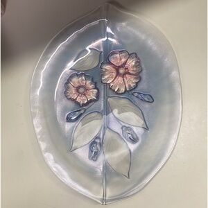 Vintage Oval Serving Platter Frosted Floral Pattern Art Glass Sculpted High Tea
